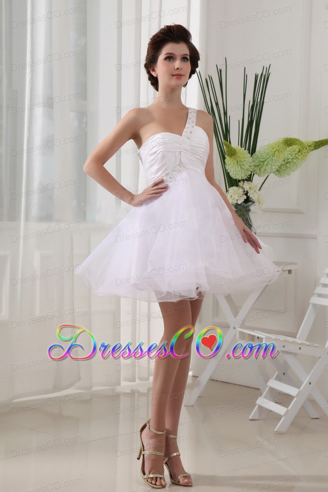One Shoulder White And Ruching For Prom Dress With Organza Mini-length